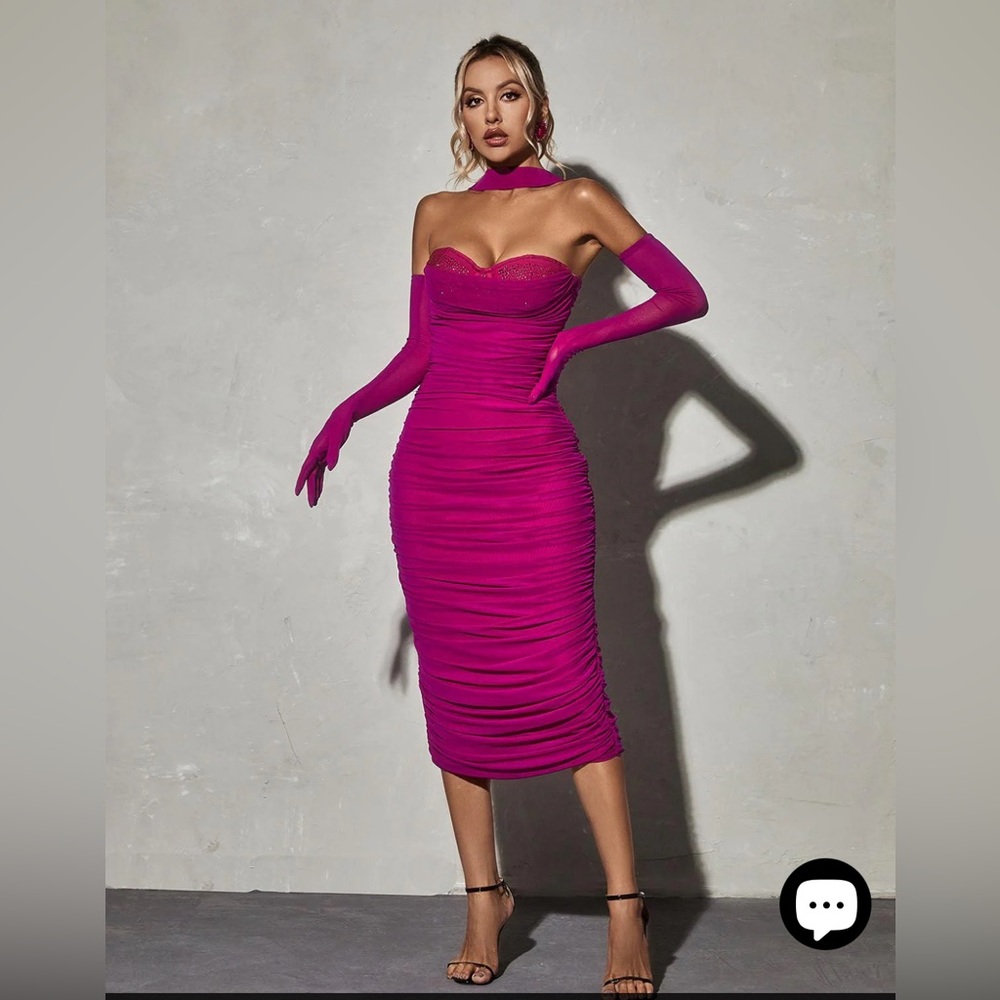 Purple Tone Mesh Ruched Split Midi & Gloves